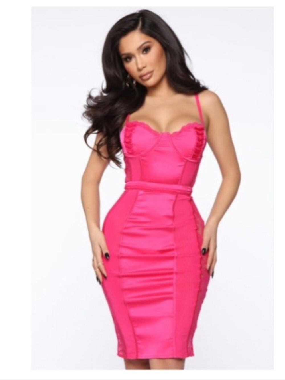 Fashion Nova Hot Pink Satin & Lace Midi Dress